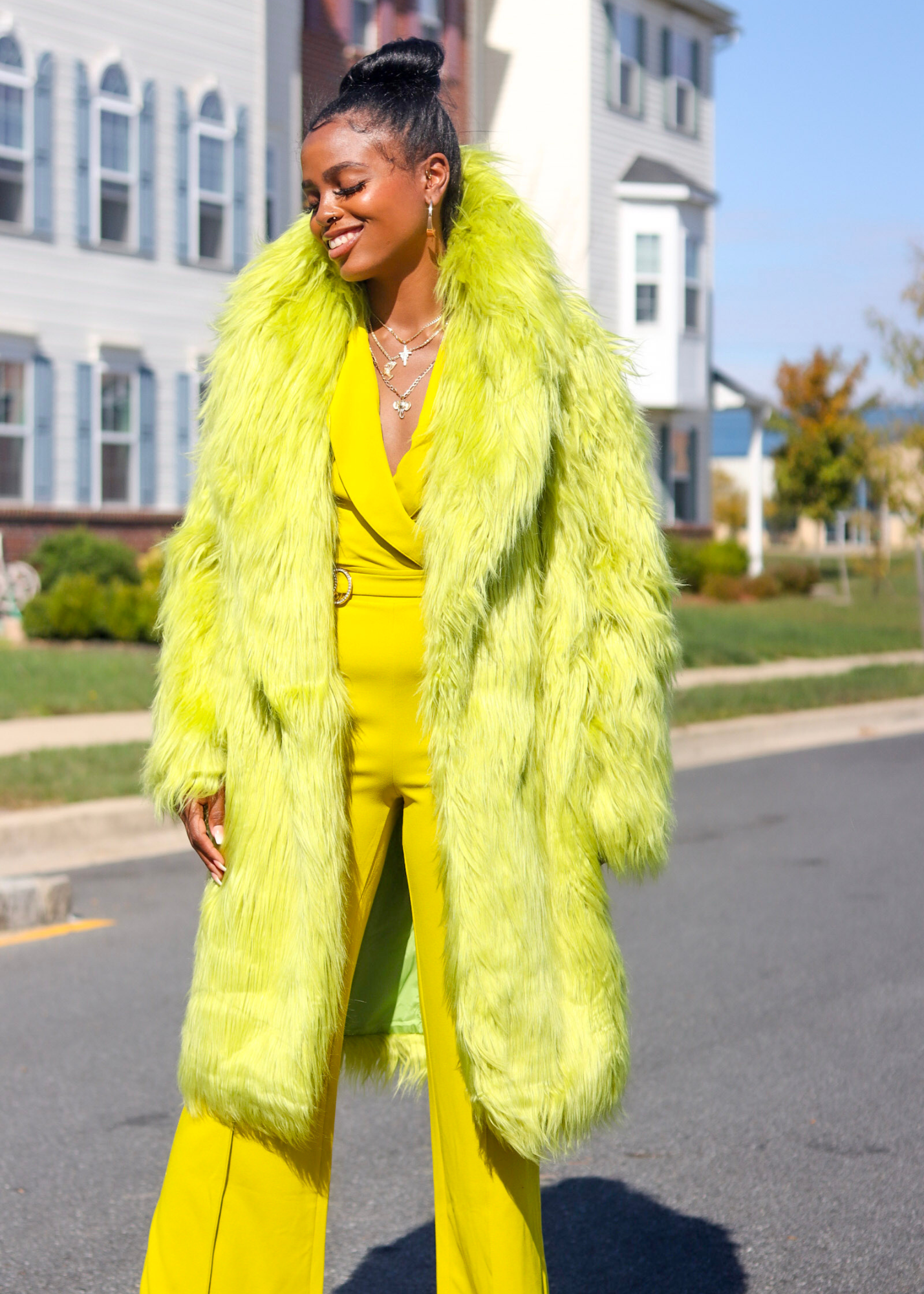 Neon yellow shop faux fur coat